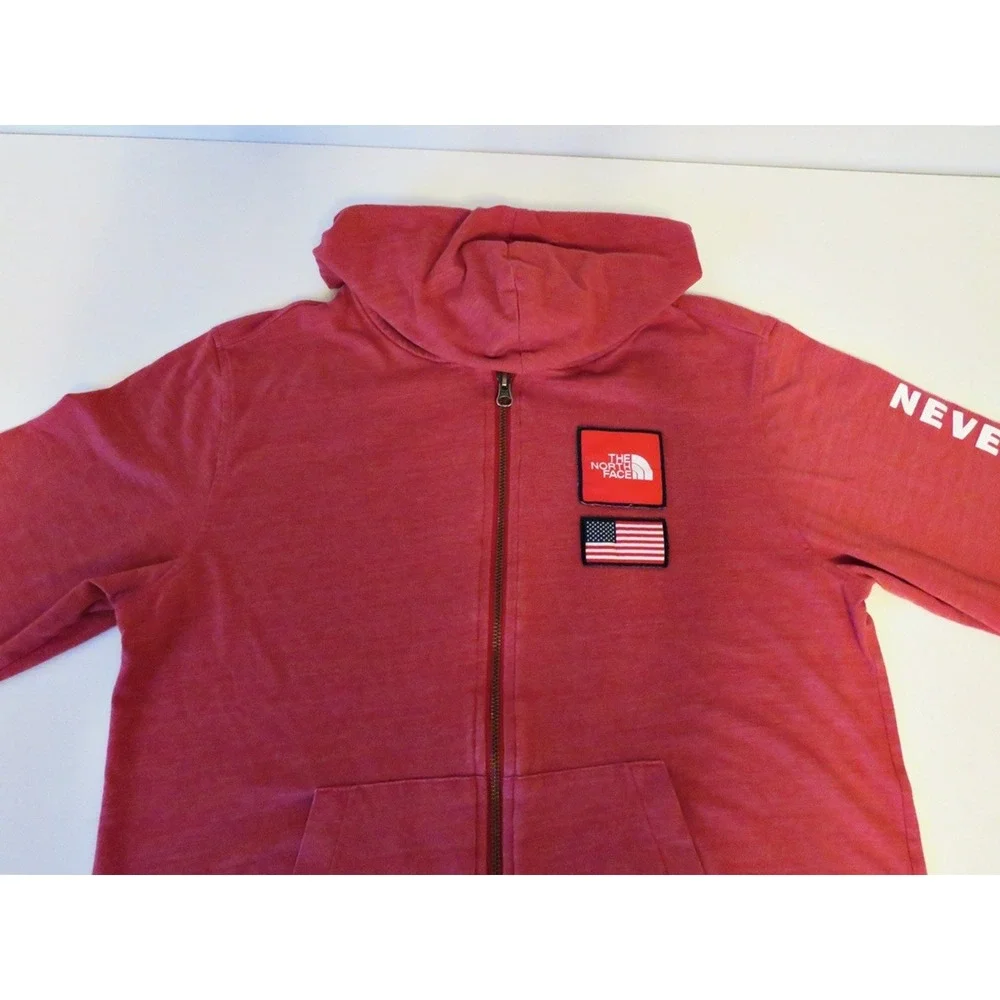 The North Face Men's Medium Zip Hoodie Red Heather Never Stop Exploring USA Flag